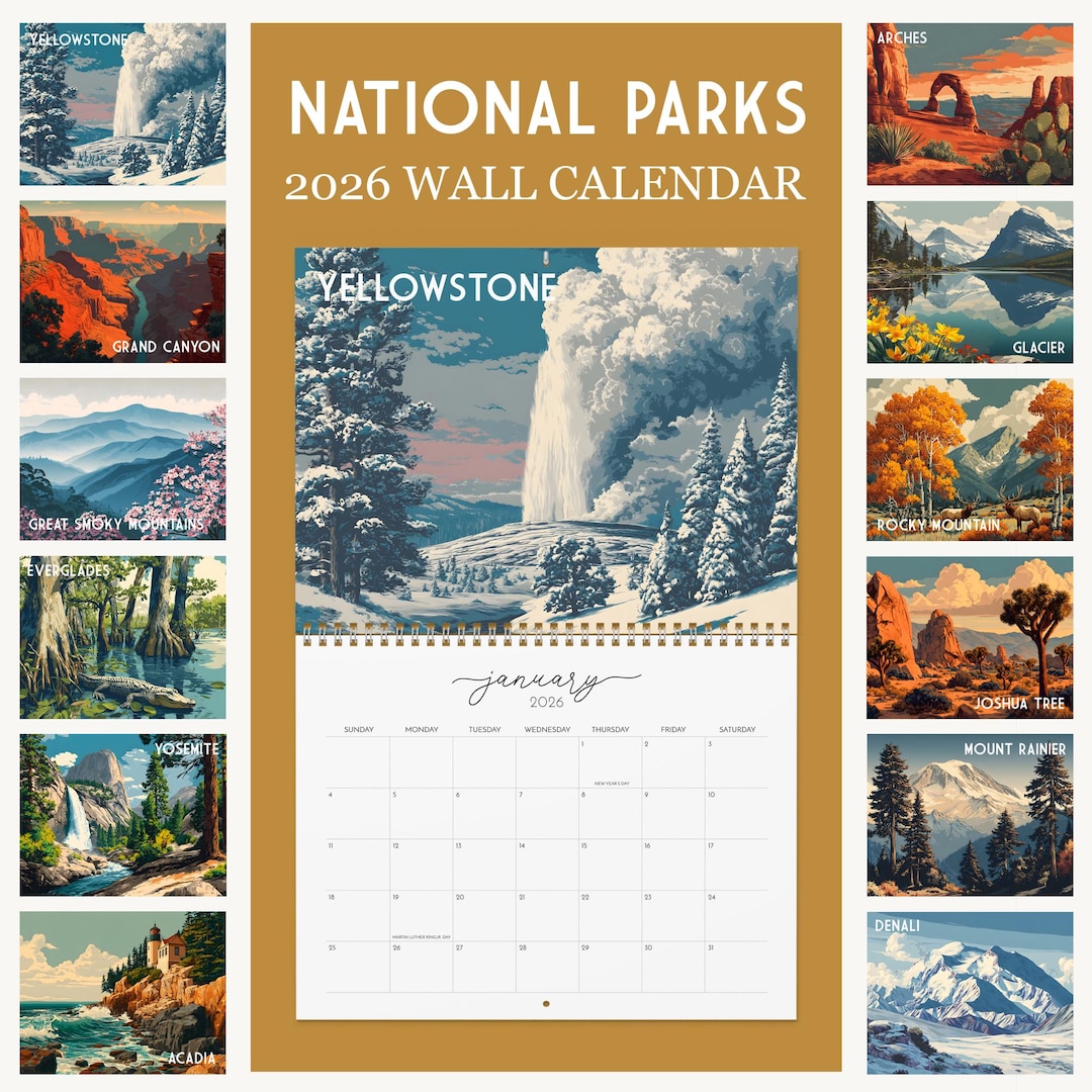 2026 National Parks Calendar Vintage Travel Poster Monthly Wall Planner