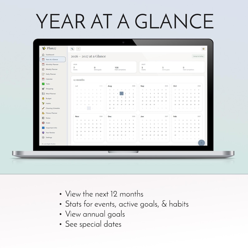 2027 digital planner app installed on iPhone home screen, offline life organizer with habit tracker budget planner and meal planner, no subscription no account no monthly fee productivity dashboard, daily weekly monthly planning for iPhone iPad Android Windows Mac, private on-device data storage, instant digital download from Luna Digital Studios