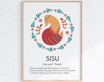 Sisu Print Scandinavian Folk Art Fox Wall Decor Finnish Quote Sisu Definition Strength Motivation Nordic Art Print Cozy Wall Print Farmhouse
