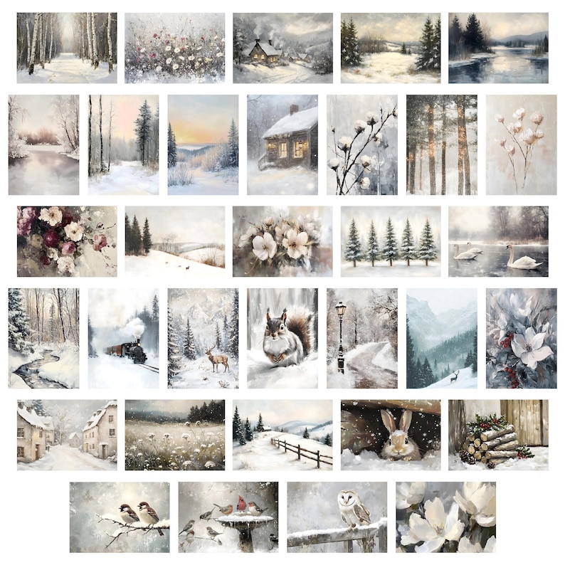 Vintage Winter Print Bundle PRINTABLE Winter Vintage Oil Painting Set Snow Gallery Wall Art Collection Christmas Decor Snowy Landscape