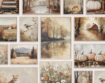 Könnte beinhalten: Eine Sammlung gerahmter Kunstdrucke mit Herbstthema. Die Drucke zeigen Landschaften, Kürbisse und Wildtiere in gedämpften Braun-, Beige- und Orangetönen. Der Text "FALL PRINT COLLECTION" befindet sich unten.