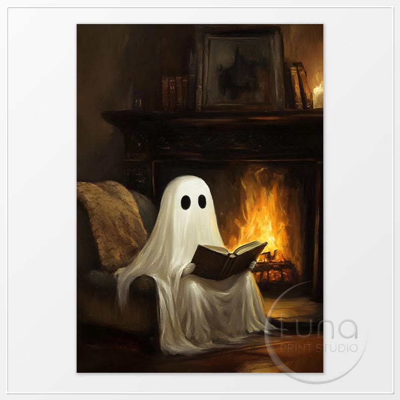 Ghost Reading Book Print PRINTABLE Vintage Halloween Oil Painting Wall ...