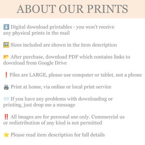 May include: A cream-colored graphic with the text "ABOUT OUR PRINTS" at the top. Below, bullet points detail digital download information, including file sizes, download instructions, and usage rights.
