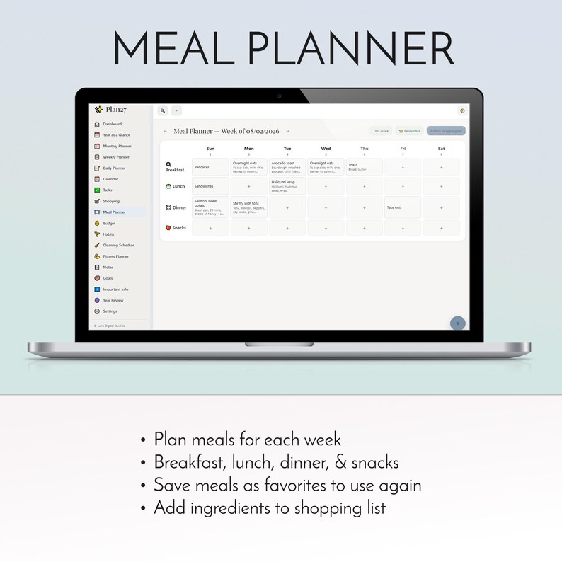 2027 digital planner app installed on iPhone home screen, offline life organizer with habit tracker budget planner and meal planner, no subscription no account no monthly fee productivity dashboard, daily weekly monthly planning for iPhone iPad Android Windows Mac, private on-device data storage, instant digital download from Luna Digital Studios