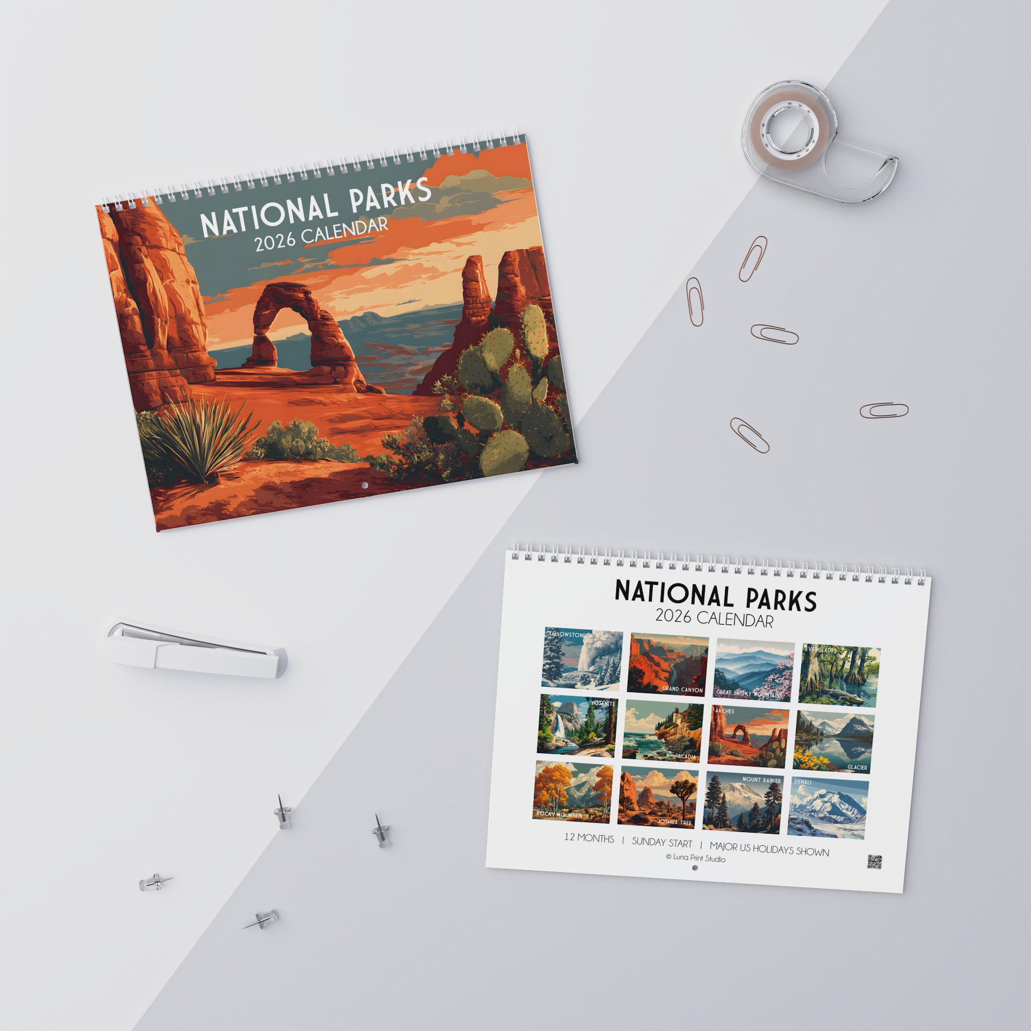 2026 National Parks Calendar Vintage Travel Poster Monthly Wall Planner
