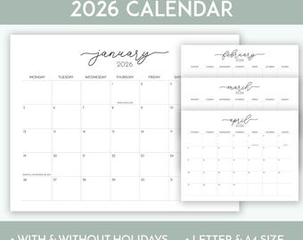 Printable 2026 Monthly Calendar with Holidays Minimalist Monthly Planner Monday & Sunday Start Classic US and UK Holidays Wall Landscape