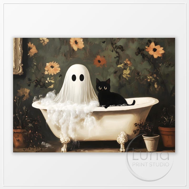 Ghost & Black Cat in Bath Print PRINTABLE Vintage Halloween Oil ...