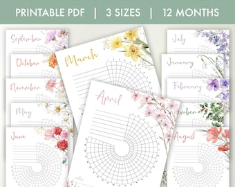 Daily Habit Tracker Bundle Monthly PRINTABLE, Floral Habit Tracker Circle Wheel, 12 Months Tracker, Planner Journal Page Goals Fitness