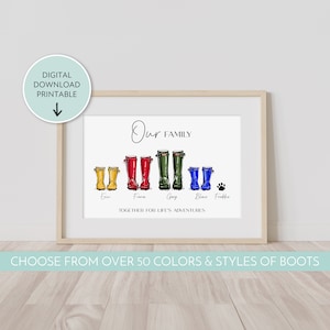 Könnte beinhalten: Ein druckbarer digitaler Download eines Familienporträts mit einer Reihe bunter Gummistiefel, unter denen die Namen stehen. Der Text "Our Family" befindet sich oben im Bild und der Text "Together for Life's Adventures" unten.
