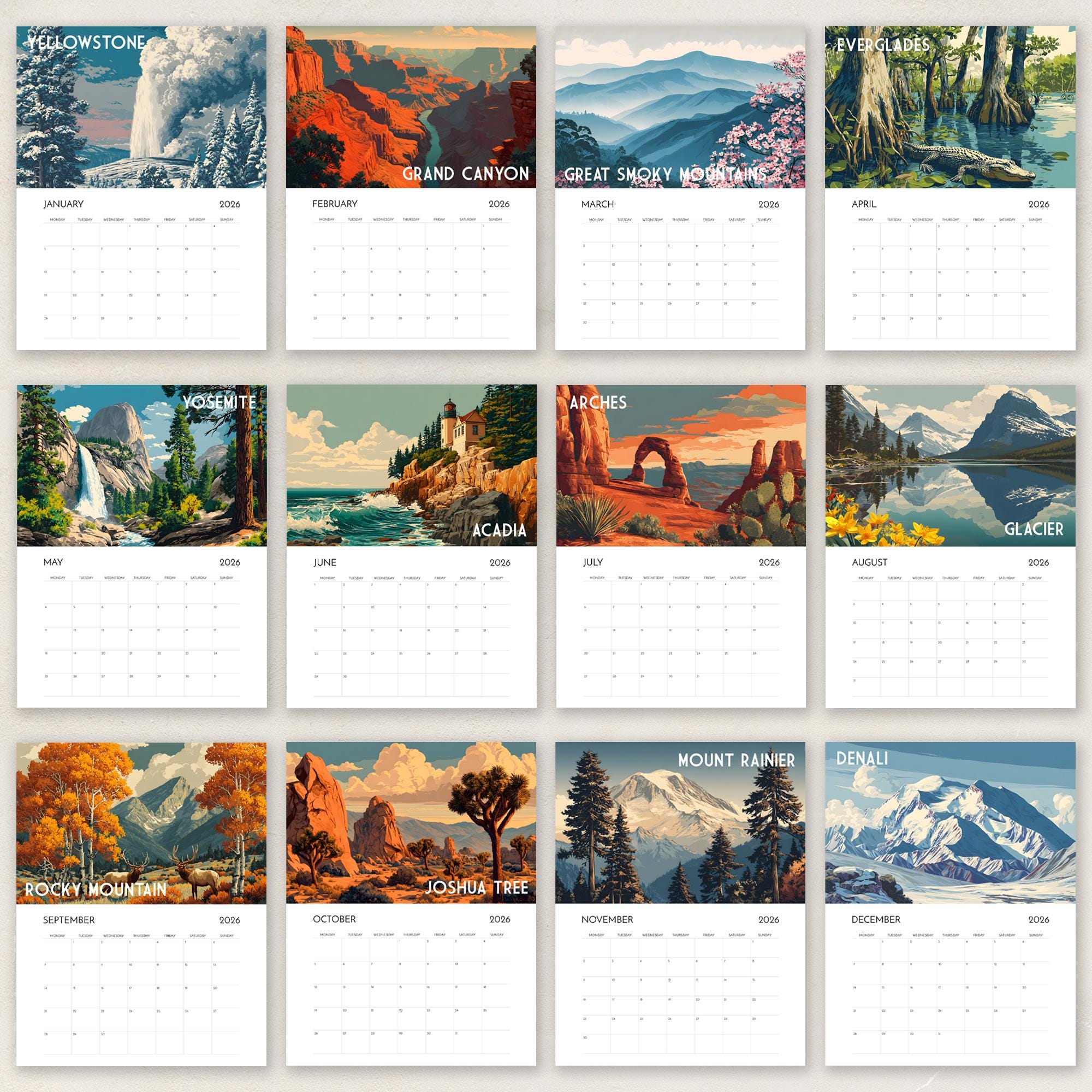 2026 National Parks Calendar PRINTABLE Monthly Calendar Vintage Travel