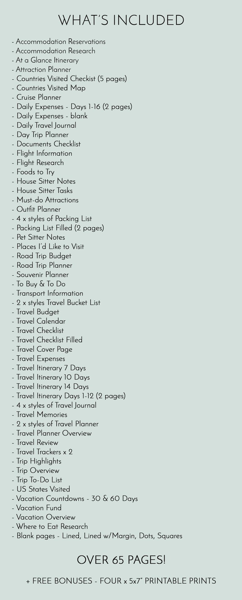 K&ouml;nnte beinhalten: Eine Liste mit &uuml;ber 65 druckbaren Seiten zur Planung einer Reise. Die Liste enth&auml;lt Elemente wie Unterkunftsreservierungen, Reiseroute, Reisebudget und Reisecheckliste. Es gibt auch kostenlose druckbare Boni.