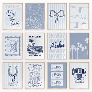 May include: A set of twelve framed art prints with a beach and western theme. The prints feature illustrations of seashells, a rope bow, a cowboy boot, and the text "Meet me at the beach" and "Aloha". The colour palette is blue and white.