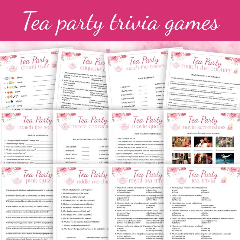 Tea Party Game Bundle PRINTABLE Ladies Afternoon Tea Trivia Female Birthday Party Activities Girls Adults Kids Fun Quiz Set Church Shower