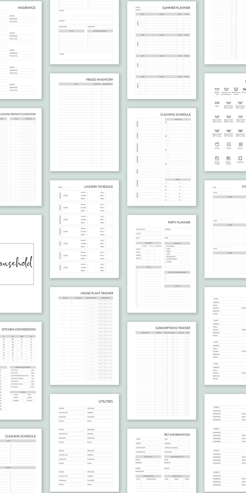 May include: A printable planner with black and white text and graphics. The planner includes pages for insurance, cleaning schedules, laundry schedules, party planning, house plant tracking, kitchen conversions, utilities, pet information, and a summer planner.