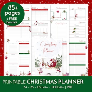 Könnte beinhalten: Ein druckbares Weihnachtsplaner-Set mit über 85 Seiten, verziert mit festlichen Illustrationen von Rentieren, Schneemännern und dem Weihnachtsmann im Schlitten. Die Seiten enthalten Abschnitte für Geschenkideen, Traditionen und To-do-Listen.