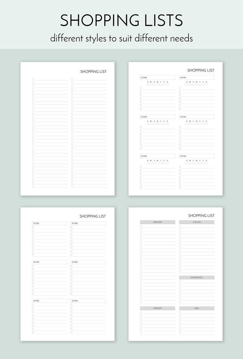 May include: Four printable shopping list templates with different layouts. The first template has two columns with a list of items to buy. The second template has two columns with a list of items to buy and a section for the store name. The third template has four columns with a list of items to buy and a section for the store name. The fourth template has two columns with a list of items to buy and sections for grocery, chilled, household, freezer, and misc.