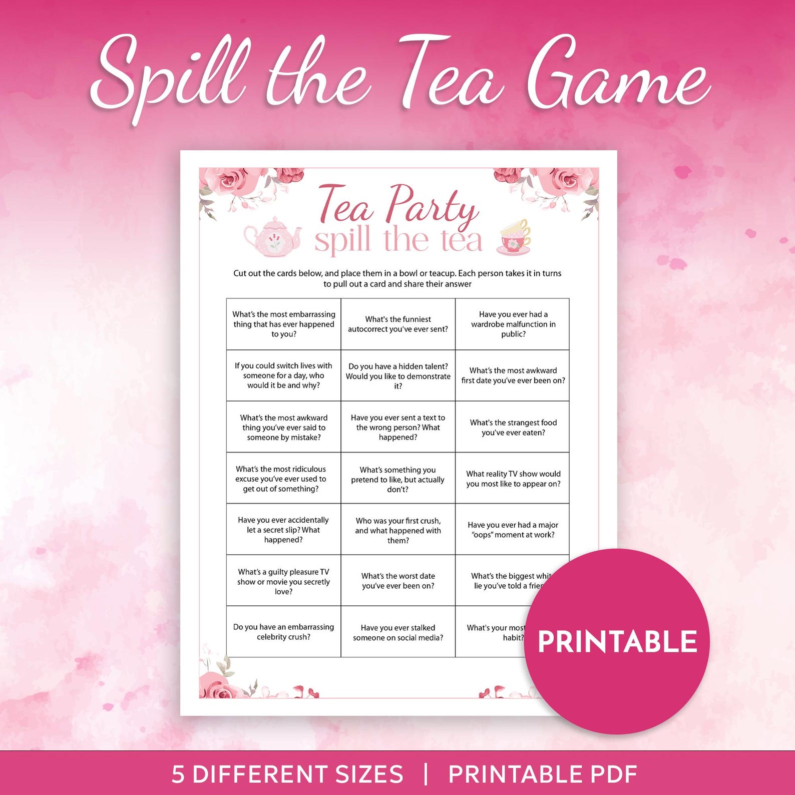 Spill the Tea Game Printable, Tea Party Game, Ladies' Tea Party ...