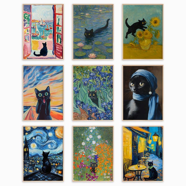 Famous Paintings with Black Cat Print Set of Funny Cat PRINTABLE Wall Art Van Gogh Matisse Poster Monet Water Lilies Vintage Oil Painting