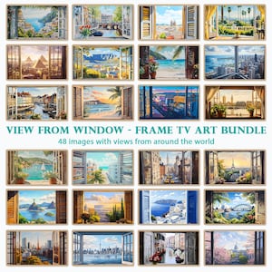 Puede incluir: Una colección de 18 impresiones artísticas enmarcadas, cada una representando una vista panorámica desde una ventana. Las imágenes muestran diversos paisajes y paisajes urbanos, incluyendo escenas costeras, monumentos históricos y entornos urbanos. El texto dice: VIEW FROM WINDOW - FRAME TV ART BUNDLE.