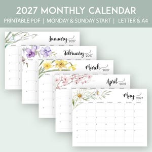 Peut inclure: Un calendrier mensuel 2027 en PDF imprimable comprenant cinq pages de janvier à mai. Chaque page présente une illustration florale à l'aquarelle unique en haut, incluant des perce-neige, des pensées violettes, des jonquilles, des cerisiers et des marguerites.