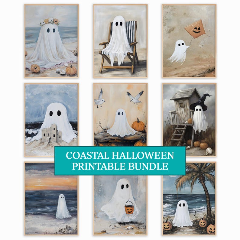 Coastal Halloween Print Bundle of PRINTABLE Cute Ghost Halloween Prints Vintage Oil Painting Collection Beach Gallery Wall Art Set Ocean