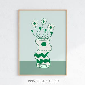 Arte de pared con jarrón verde, estampado floral, decoración para sala de estar, póster estético, arte vegetal moderno, estampado de jarrón ondulado, arte de pared con flores bohemias, regalo para ella