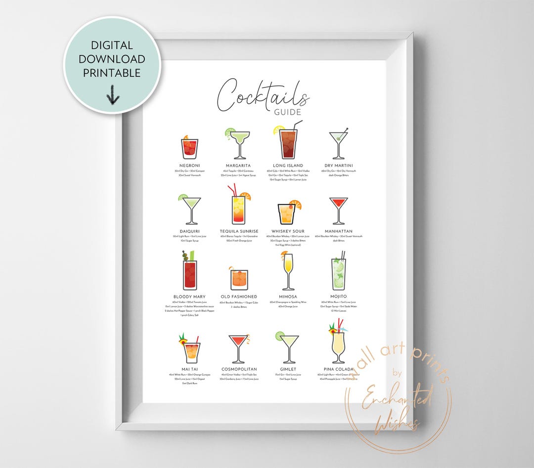 Printable Cocktaisl Cocktails Guide Print Printable Cocktail Recipes Poster Kitchen Wall ...