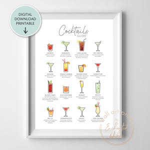 Cocktails Guide Print druckbare Cocktail Rezepte Poster Küche Wand Kunst Bar Zeichen Cocktailkarte Trinkrezepte Bar Dekor Cocktail Geschenk Art