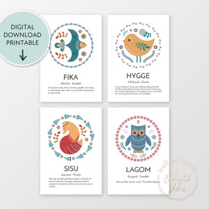 May include: Four printable cards with colorful illustrations of a bird, a fox, an owl, and a bird. Each card features a Scandinavian word and its definition. The words are Fika, Hygge, Sisu, and Lagom.