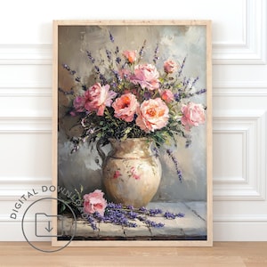 Arte mural floral vintage imprimible, decoración de cabaña francesa, póster de pintura al óleo vintage, impresión de jarrón de flores, decoración cottagecore de moda, Chateaucore