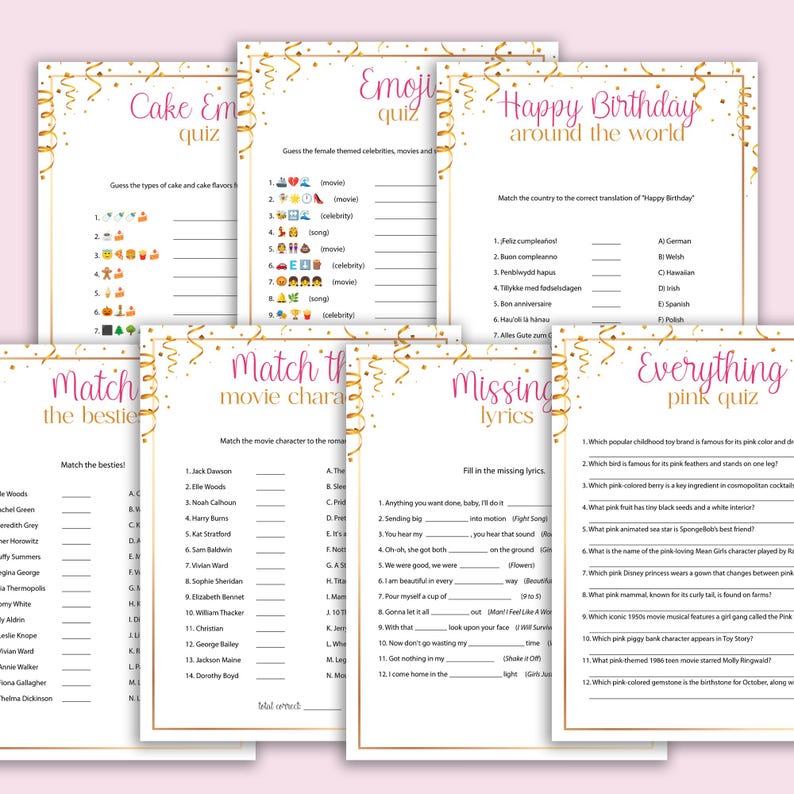 May include: A set of printable party game cards with a pink and gold theme. The games include "Cake Emoji Quiz", "Emoji Quiz", "Happy Birthday Around the World", "Match the Besties", "Match the Movie Characters", "Missing Lyrics", and "Everything Pink Quiz".