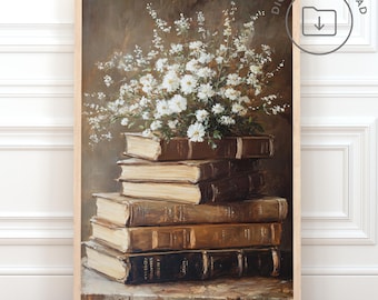 Vintage Bücher Druck DRUCKBAR Blumenbuch Ölgemälde Poster Bücherwurm Wandkunst Trendy Wohnung Dekor Leseecke Dekor Wildblumen Druck