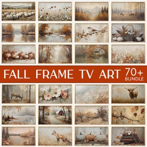 Könnte beinhalten: Eine Sammlung gerahmter Kunstdrucke mit Herbstthema. Die Bilder zeigen verschiedene Herbstszenen, darunter Kürbisse, Landschaften und Wildtiere. Der Text "FALL FRAME TV ART 70+ BUNDLE" ist in der Mitte zu sehen.