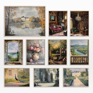 Juego de 10 impresiones de arte mural de castillo francés, póster de pintura al óleo vintage de Chateaucore para imprimir, colección de descargas, decoración de campo francesa