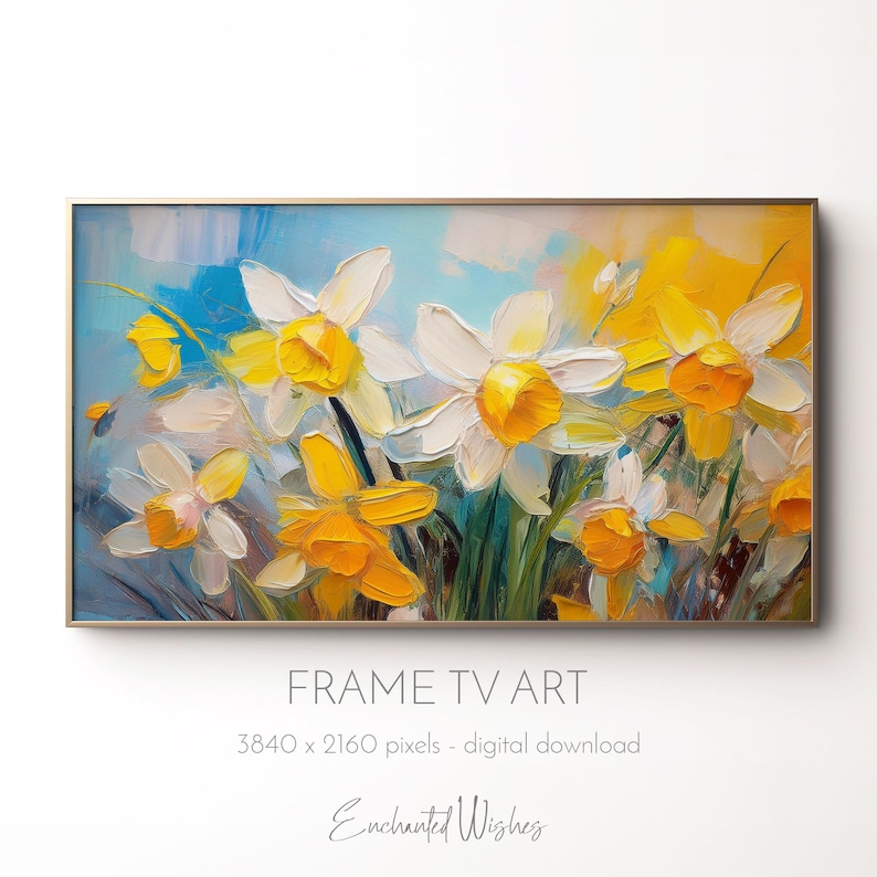 May include: A digital painting of a bouquet of white and yellow daffodils with green leaves against a blue and yellow sky. The painting is in a gold frame.