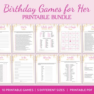 Juegos de cumpleaños para mujeres: Paquete de juegos imprimibles para fiestas, actividades divertidas para cumpleaños de mujeres, ideas de juegos para cumpleaños de 21, 30, 40, 50 y 60 años.