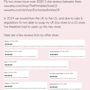 May include: A text-based image promoting an Etsy shop called Enchanted Wishes. The image includes a five-star rating, the shop's website address, and customer reviews. The text states that the shop has been established on Etsy since 2016 and has over 3,000 five-star reviews. The image also includes a statement that the shop owner has moved from the UK to the US and is now running a new US-based Etsy store. The image concludes with a thank you message from the shop owner, Joanne.