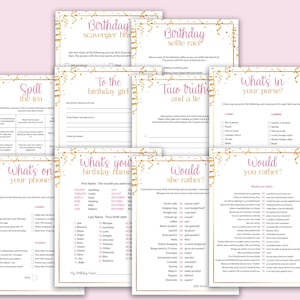 May include: A set of printable birthday party game cards with gold confetti and pink text. The games include "Spill the Tea", "What's on Your Phone", "What's Your Birthday Name", "Two Truths and a Lie", "Would She Rather", "What's in Your Purse", "Birthday Selfie Race", "Birthday Scavenger Hunt", and "To the Birthday Girl".