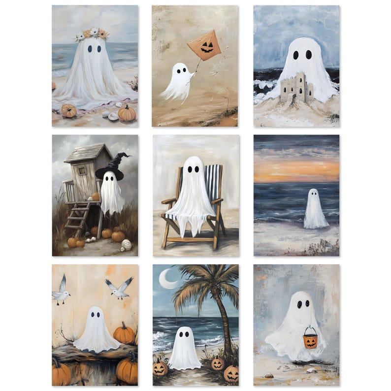 Coastal Halloween Print Bundle of PRINTABLE Cute Ghost Halloween Prints Vintage Oil Painting Collection Beach Gallery Wall Art Set Ocean