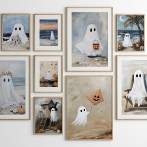 Coastal Halloween Print Bundle of PRINTABLE Cute Ghost Halloween Prints Vintage Oil Painting Collection Beach Gallery Wall Art Set Ocean