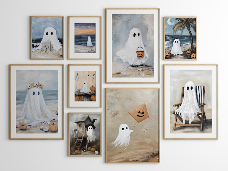 Coastal Halloween Print Bundle of PRINTABLE Cute Ghost Halloween Prints Vintage Oil Painting Collection Beach Gallery Wall Art Set Ocean