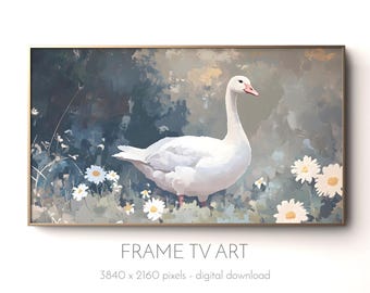 White Goose Frame TV Art for Samsung Frame TV Farmhouse Living Room Decor Duck Vintage Oil Painting TV Screensaver Background Wallpaper Art