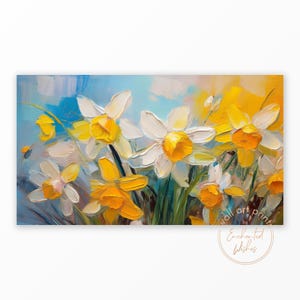 May include: A painting of a bouquet of white and yellow daffodils against a blue sky background. The flowers are painted in a loose, impressionistic style with visible brushstrokes.