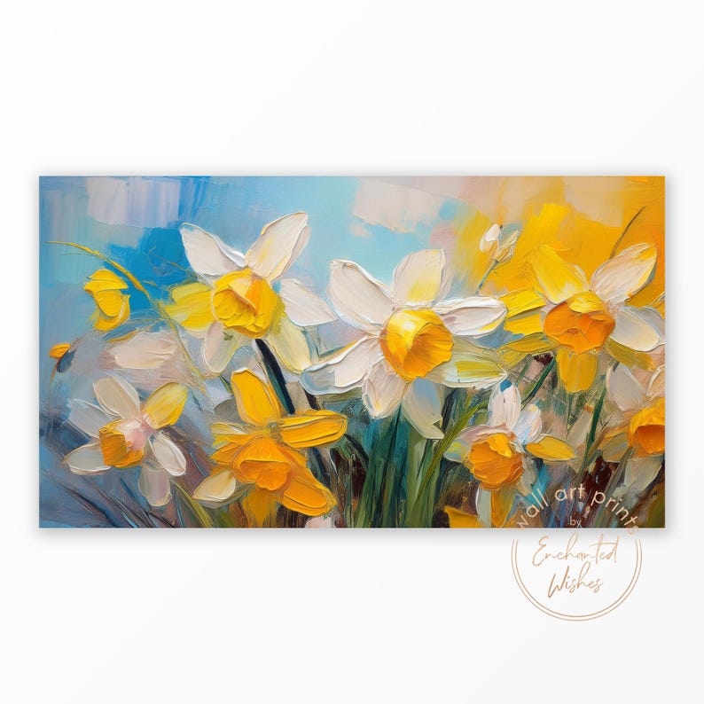 May include: A painting of a bouquet of white and yellow daffodils against a blue sky background. The flowers are painted in a loose, impressionistic style with visible brushstrokes.