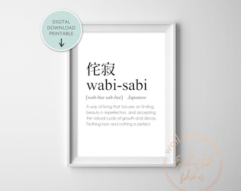 Wabi-Sabi Print PRINTABLE, Wabi-Sabi Definition Print, Japanese Wall Art, Japandi Home Decor, Japanese Word Art, Kanji Wabi-Sabi Poster Art