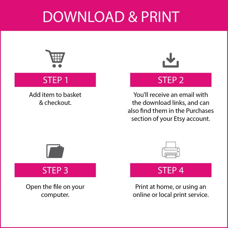 May include: A pink and white graphic with four steps for downloading and printing a digital file. The steps are illustrated with icons of a shopping cart, a download arrow, a folder, and a printer. The text reads "DOWNLOAD & PRINT", "STEP 1", "Add item to basket & checkout", "STEP 2", "You'll receive an email with the download links, and can also find them in the Purchases section of your Etsy account", "STEP 3", "Open the file on your computer", "STEP 4", "Print at home, or using an online or local print service."