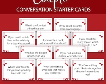Op de afbeelding: Een set printbare gespreksstarters voor koppels. De kaarten hebben rode harten en de tekst "Couple Conversation Starter Cards". De kaarten bevatten vragen zoals "Wat is het grappigste dat je ooit is overkomen?" en "Als je voor een dag van leven zou kunnen ruilen met een beroemdheid, wie zou dat dan zijn?"