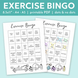 May include: Two printable bingo cards with a black and white exercise theme. The cards feature a variety of exercises such as swimming, jogging, yoga, and jumping jacks. The cards are designed for 8.5x11 inch paper and are available in both dot and no dot versions.