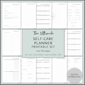May include: A printable self-care planner set with over 85 pages. The set includes pages for an anxiety journal, self-care tracker, about you worksheet, rays of gratitude, how do I feel today, my happy list, habit tracker, daily mindfulness, daily self-care, my hopes and dreams, daily wellbeing, and monthly gratitude.