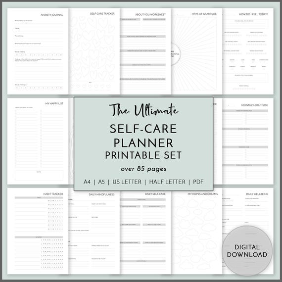 Self-Care Planner Set PRINTABLE, Mental Health Journal, Wellness Organizer, Self-Love Binder, Anxiety Mindfulness Gratitude Planner Download